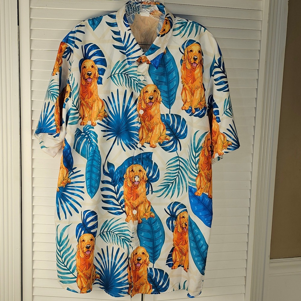 Golden Retriever Mens Blue‎ White Hawaiian Print Camp Shirt Large